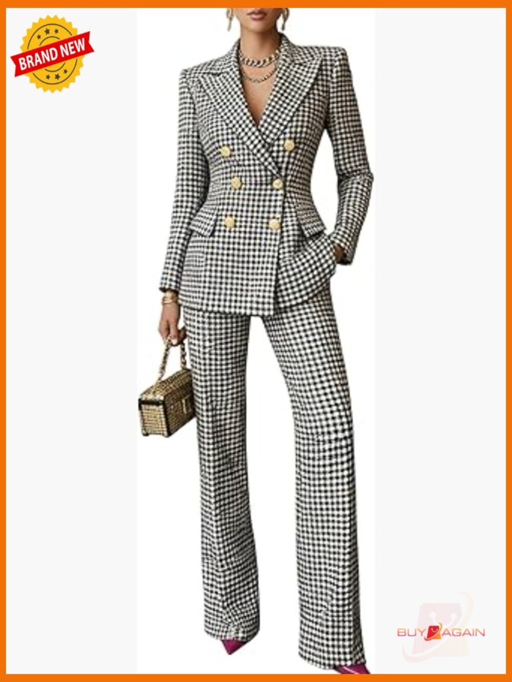2 Piece Plaid Suit Set Double Breasted Blazer Pants Business Casual Office